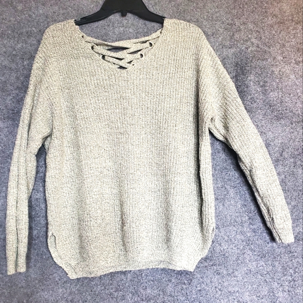 AZ knit Sweater Women's M/L Criss Cross Back Gray V Neck Pullover